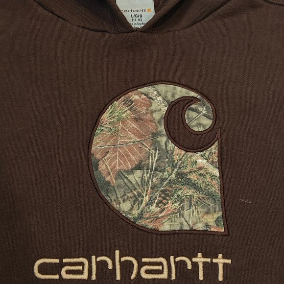 Carhartt Hoodie Camo Logo Pullover Brown Boys Youth Size Large 14-16 Used Stain - Picture 5 of 12
